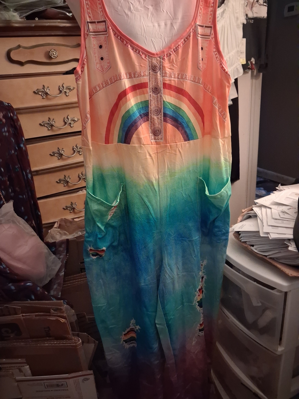 New 3 D Print Knit Rainbow Tie-Dye Jumpsuit With Pockets Multicolor Size Med.